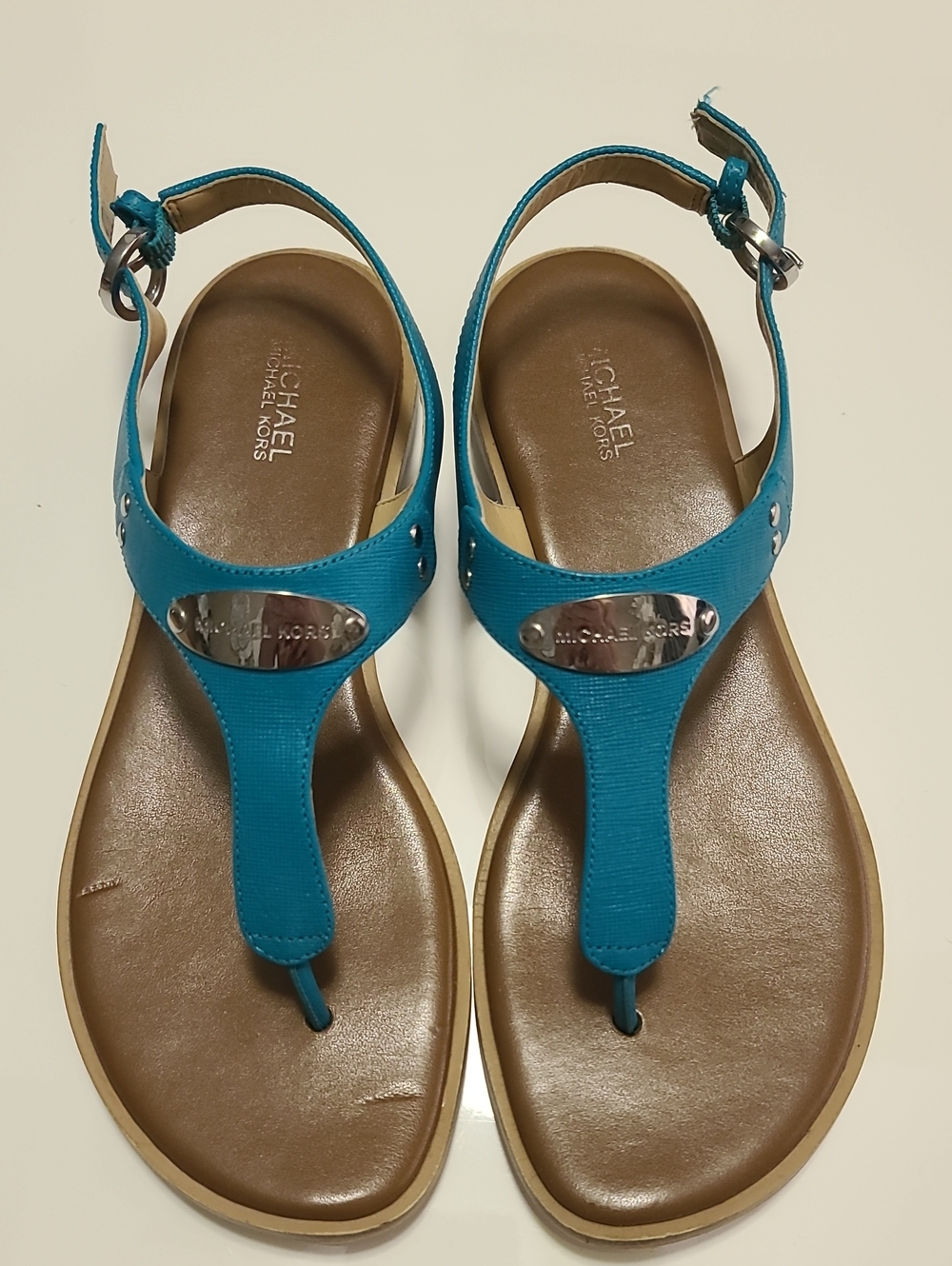 Michael Kors Turquoise T-Strap Sandals with Silver Logo Size 7.5